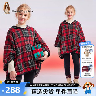 新款 大童格子圣诞披风儿童连帽外套 女童红色斗篷春秋季 暇步士童装