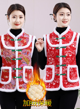 妈妈秋冬装名族风棉马甲中老年女装东北大花棉袄盘扣碎花加绒坎肩