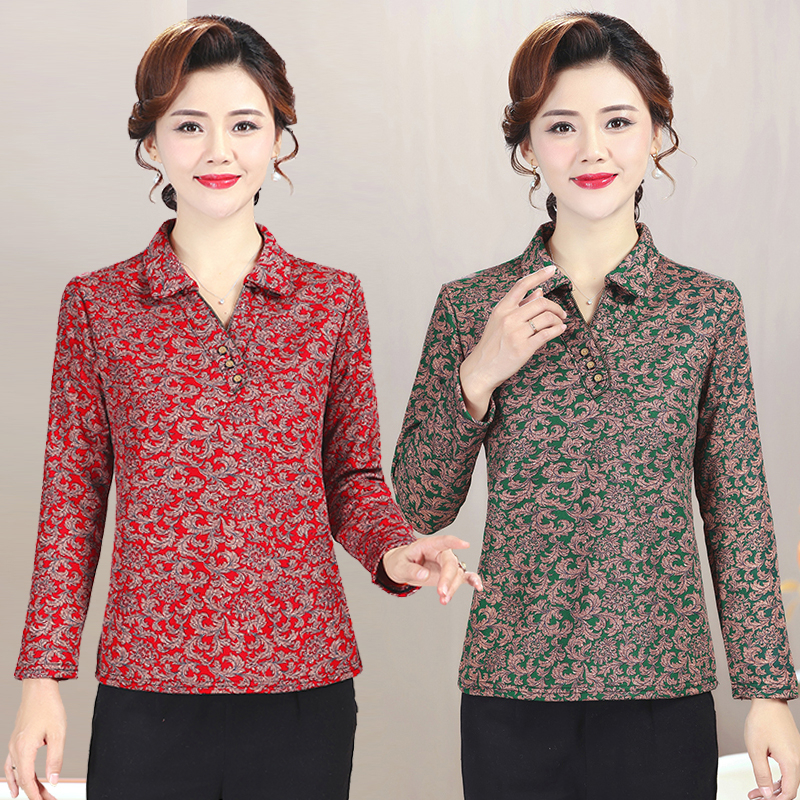 中老年人女春装长袖T恤薄款时尚上衣40-50岁妈妈装修身休闲打底衫