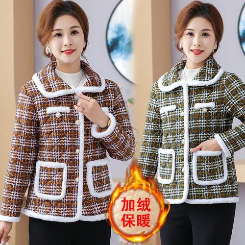 中老年加绒保暖宽松格子棉衣