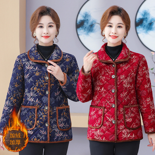 棉袄妈妈加绒加厚翻领花色棉服秋冬装 新款 外套保暖棉衣中老年女装