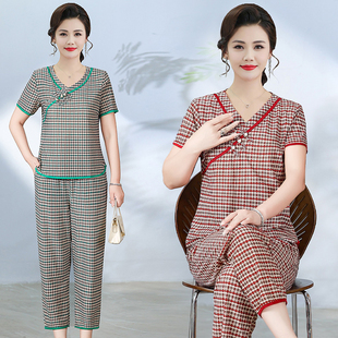 2025年夏季新款时尚套装国风格子短袖上衣妈妈装减龄显瘦两件套