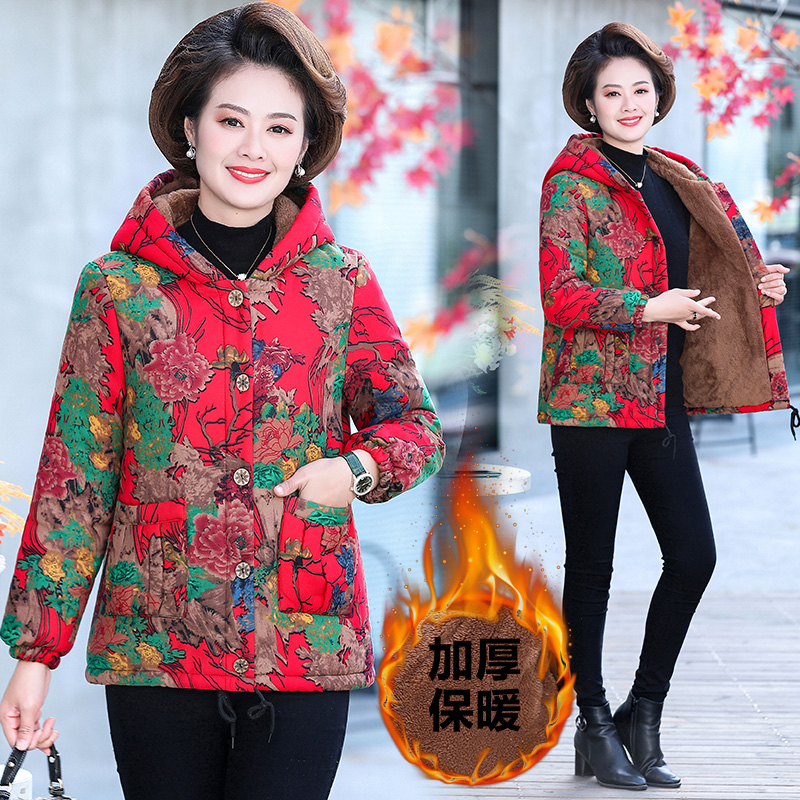 加绒加厚连帽中老年女装棉衣时尚