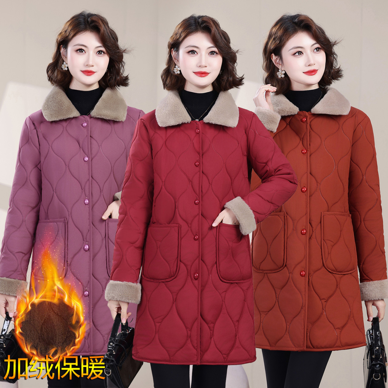 妈妈冬装加绒加厚中长款棉衣外套女新款时尚显瘦保暖翻领棉服棉袄,女装/女士精品,中老年女装,淘宝优惠券,粉丝福利购,淘宝优惠卷