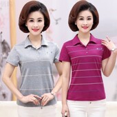 妈妈装 翻领全棉条纹汗衫 弹力棉短袖 中年女士服装 T恤中老年女夏季