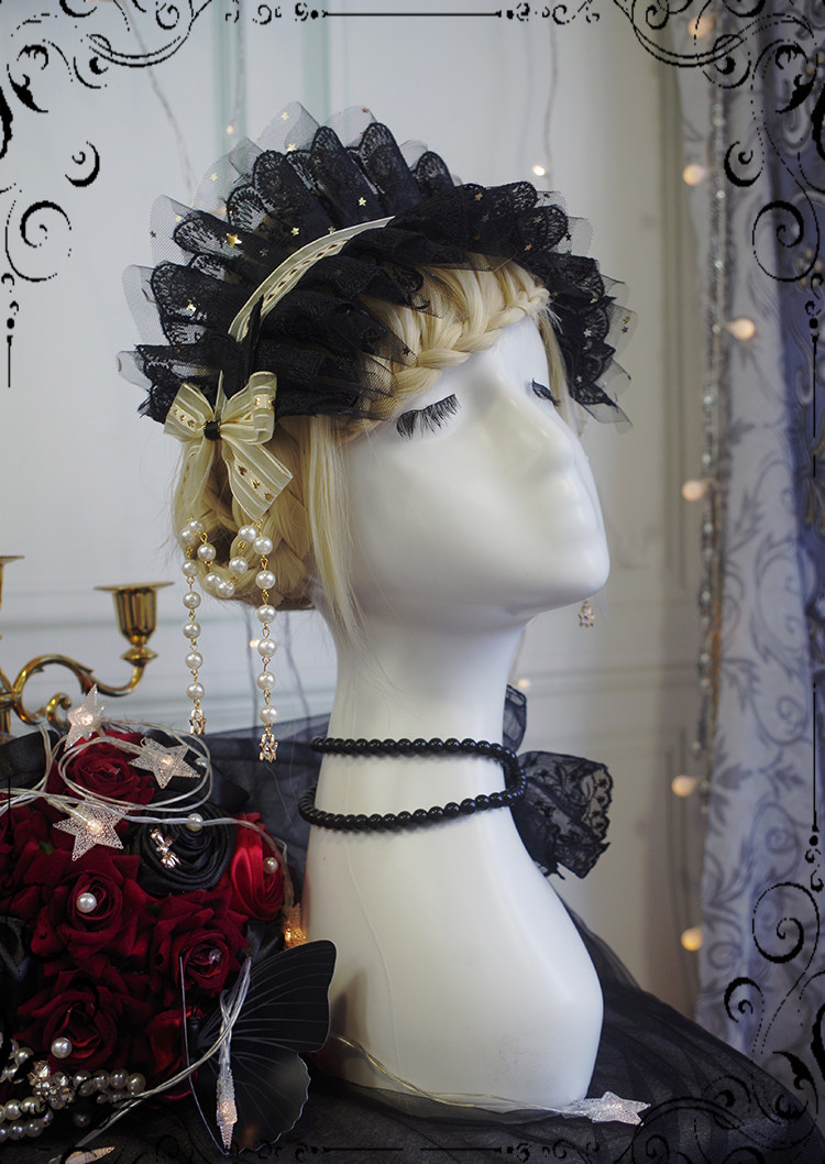 童话故事lolita花嫁发带蕾丝珠链刺绣蝴蝶星星纱