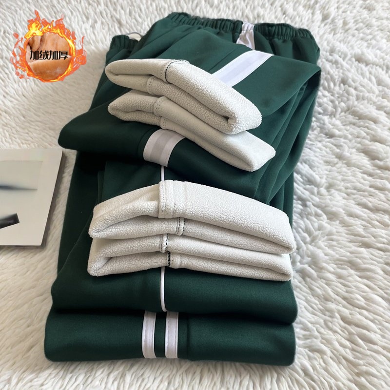 深蓝色一二三条白边加绒加厚校裤