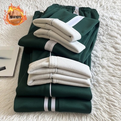 深蓝色一二三条白边加绒加厚校裤