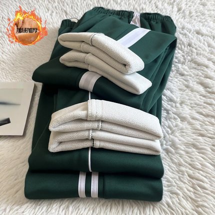 墨绿色冬季加绒校裤宽松白边中小学生加厚运动裤男女保暖校服裤子