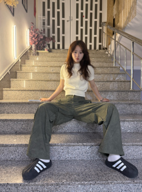 【ATPLAL】韩国8秒纯棉手工水洗染色绗缝松紧腰抽绳休闲裤工装裤