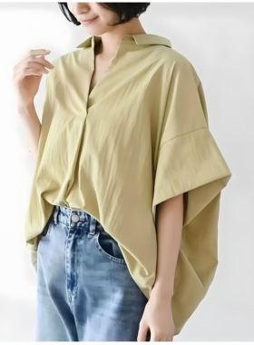 【ATPLAL】ANDSEARCH25夏日本原单v领廓形落肩宽袖套头多色衬衫