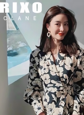 【ATPLAL】ED戚薇同款春秋款虞美人花朵印花西装领长袖显瘦连衣裙