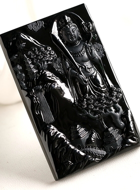 石之富缅甸天然翡翠A货玻璃种墨翠吊坠山水观音35.42克