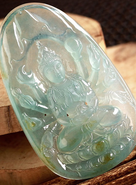 石之富缅甸天然翡翠A货大件大师工高冰种吊坠千手观音47.20克