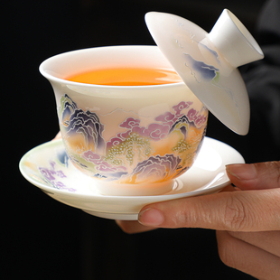 羊脂玉陶瓷功夫茶具悬停盖碗单个泡茶碗三才碗敬茶碗茶杯家用白瓷