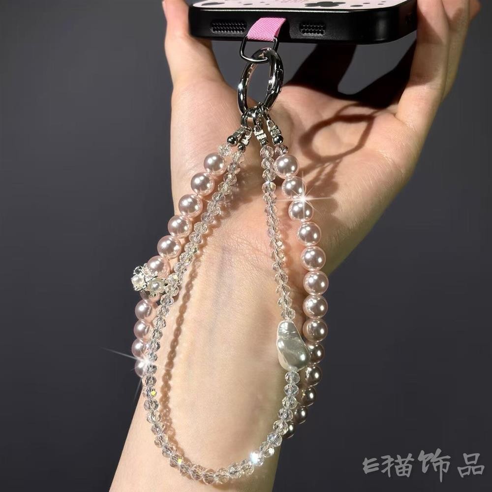 轻奢双层珍珠挂链水钻花朵吊坠水晶手腕挂绳包包钥匙挂件配饰