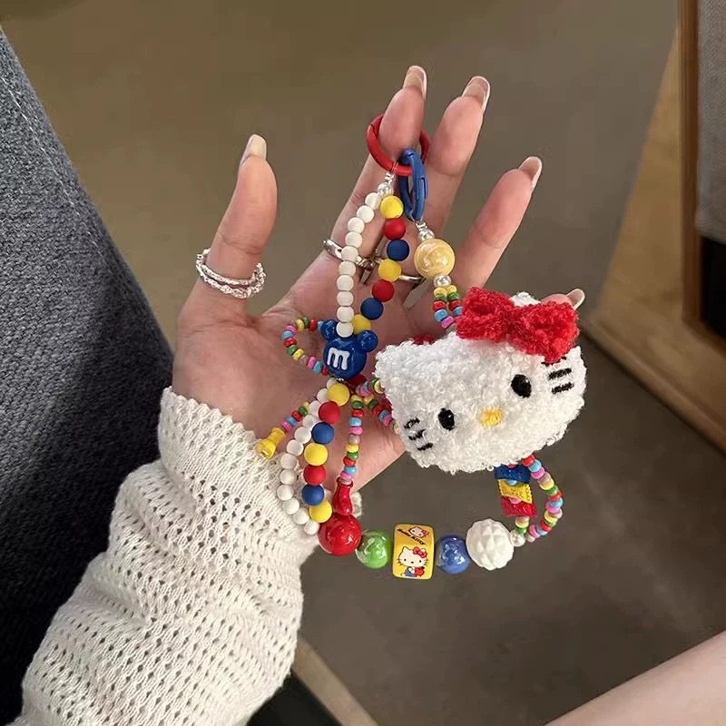 毛绒少女心蝴蝶结猫咪彩色串珠链绳挂绳挂件背包挂绳短款