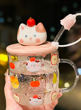 可爱猫咪耐高温玻璃杯带盖勺高颜值马克杯送女生喝茶水杯生日礼物