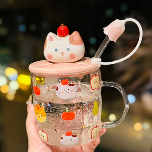 可爱猫咪耐高温玻璃杯带盖勺高颜值马克杯送女生喝茶水杯生日礼物