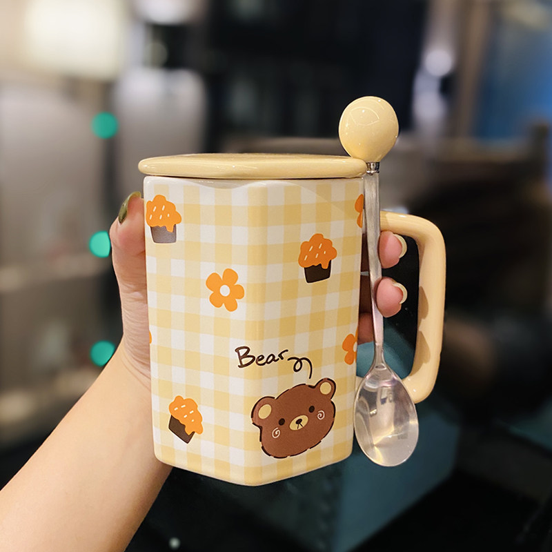 少女心带盖勺吸管陶瓷马克杯图片