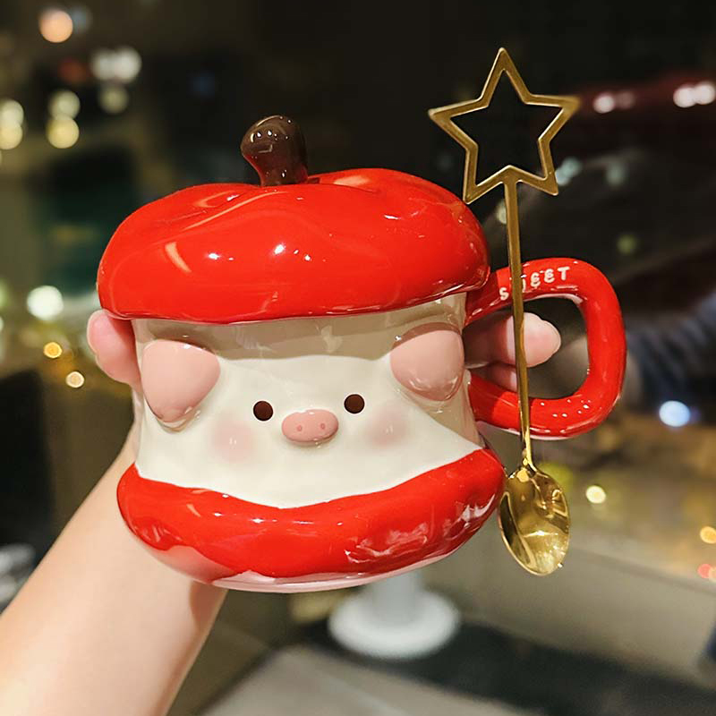 可爱小猪苹果杯子卡通陶瓷水杯高颜值马克杯带盖勺送女生生日礼物