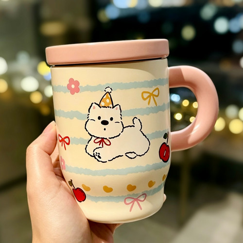 樱桃小狗陶瓷带盖马克杯礼物