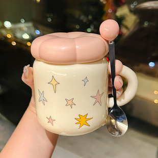 可爱花朵陶瓷杯带盖马克杯女家用办公室喝水杯子情侣水杯生日礼物