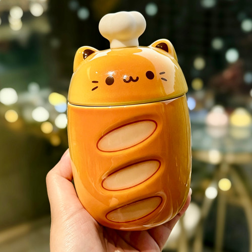 手工陶瓷猫咪面包马克杯带盖