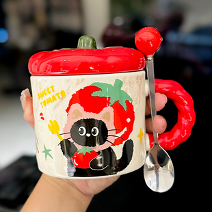 可爱番茄西红柿陶瓷水杯带盖勺少女心马克杯高颜值送女生生日礼物