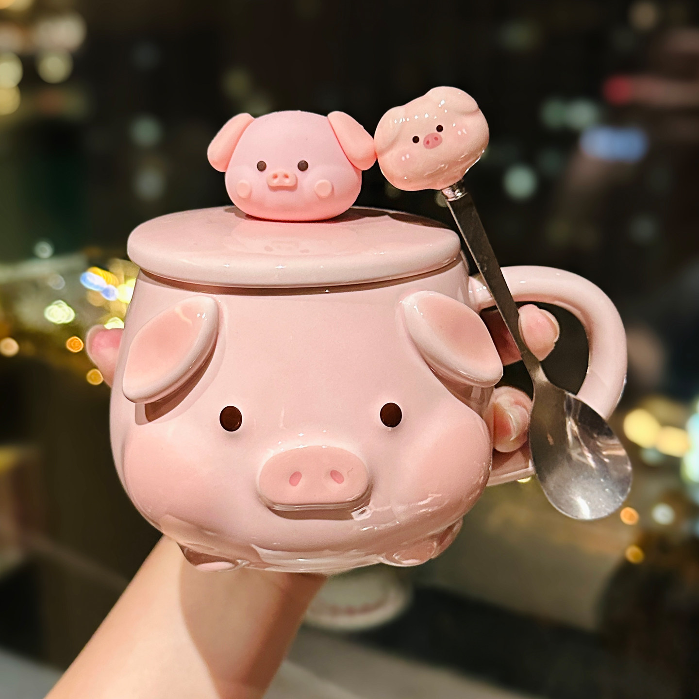 可爱粉色小猪陶瓷马克杯带勺浮雕动物造型情侣杯生日礼物办公室杯