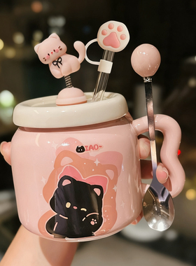 可爱卡通小猫陶瓷马克杯带盖勺女生办公室咖啡杯实用水杯生日礼物