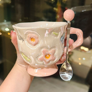 高级感小众珠光马克杯陶瓷办公室高脚水杯高颜值燕麦宽口早餐杯子