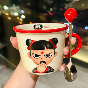 马克杯高颜值办公室宿舍家用早餐牛奶刻度杯 哪吒陶瓷杯特别好看