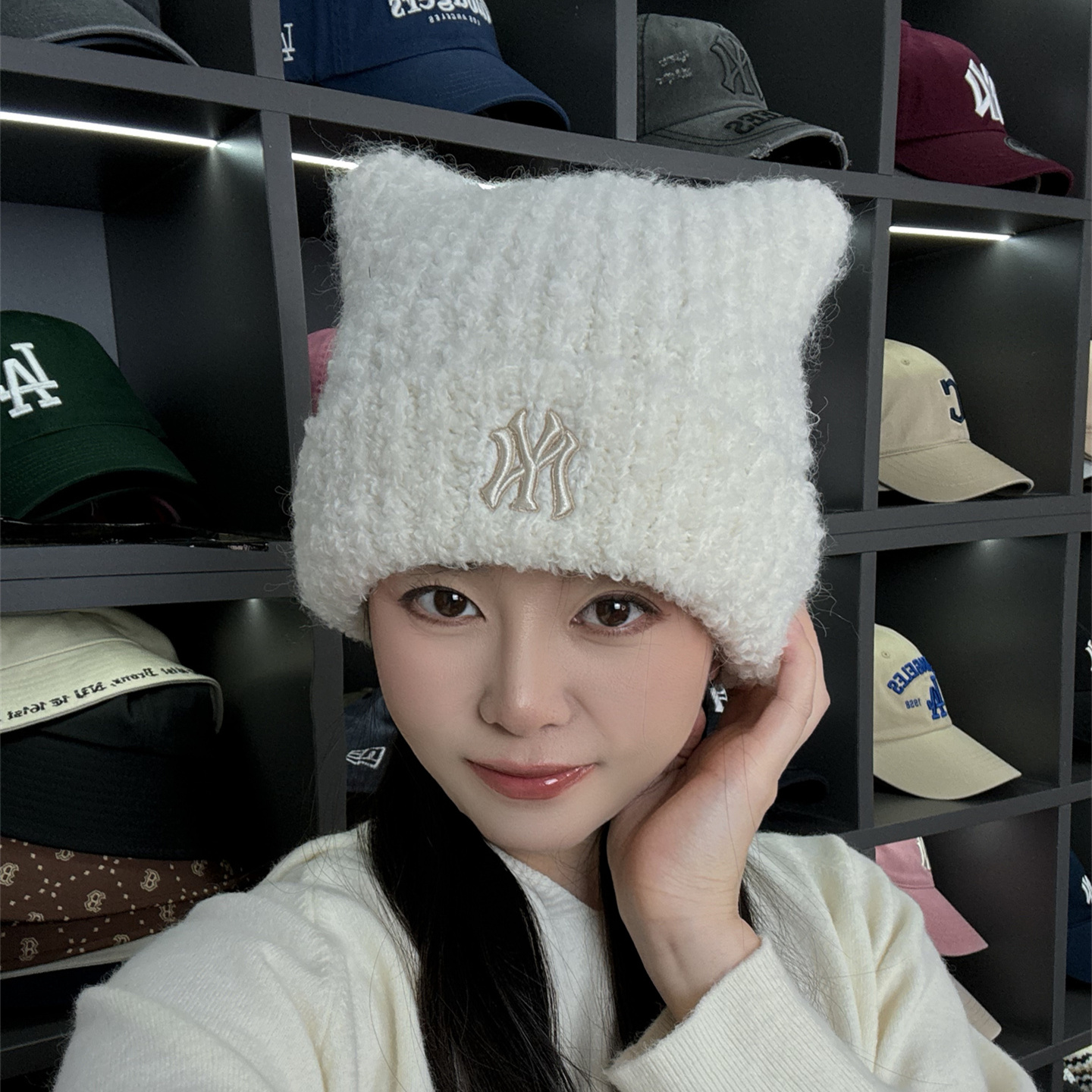 MLB柳智敏同款猫耳加厚针织帽