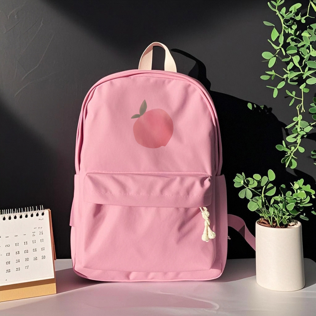 小清新可爱桃子印花书包帆布粉色ins初中生学院风休闲百搭双肩包