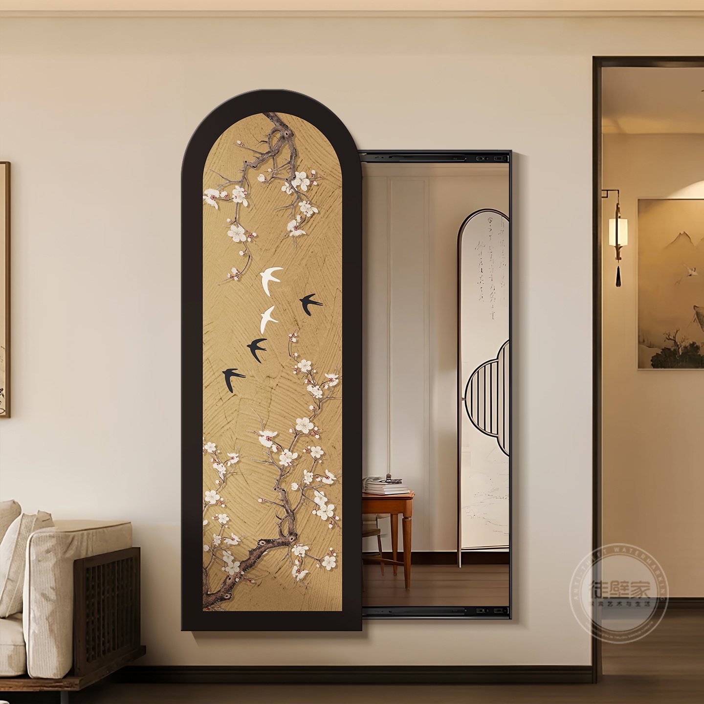 中古风花鸟推拉穿衣镜复古新中式玄关装饰画宋代美学隐形全身镜