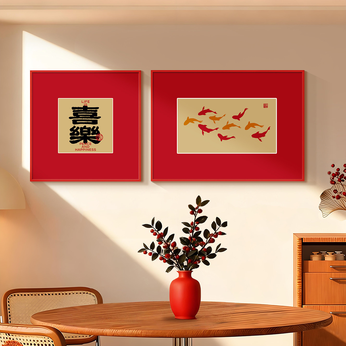 餐厅装饰画红色新年喜乐九鱼图