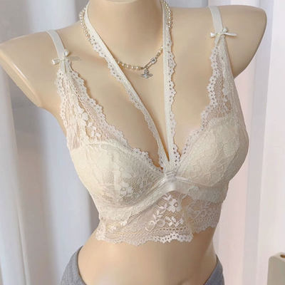 法式蕾丝挂脖文胸女小聚拢