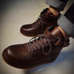 水洗马皮手工擦色复古高帮鞋英伦风绑带真皮板鞋阿美咔叽休闲男鞋