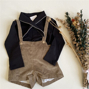 ins爆款2022秋冬mp风男女童宝宝高品质领结T恤+灰杏色背带短裤