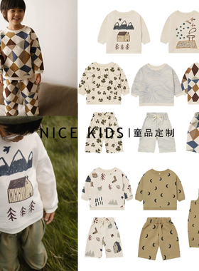 ins爆款25秋冬oz自制 儿童复古风刺绣花休闲加绒卫衣卫裤套装