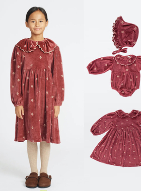 ins23秋冬新款beo系列 女童天鹅绒重工刺绣连衣裙长袖爬服婴童帽