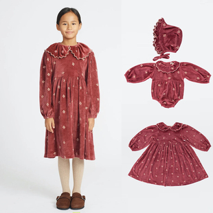 ins23秋冬新款beo系列 女童天鹅绒重工刺绣连衣裙长袖爬服婴童帽