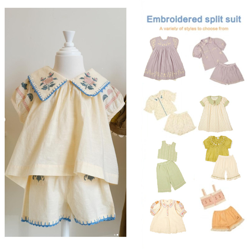 ins爆款2023夏季apo系列女童田园风高定重工刺绣上衣短裤两件套装