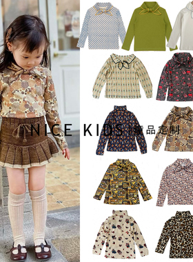 ins25秋季mp自制女童有机匹马棉复古印花领结高领长袖T恤打底衫