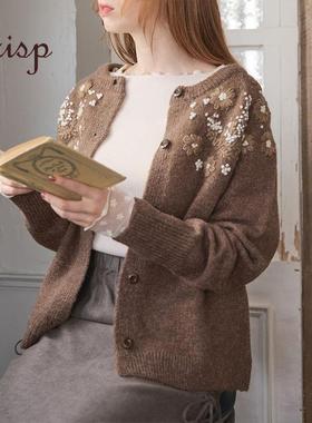 CRISP日系穿搭森系小雏菊立体刺绣针织开衫女软糯毛衣24秋冬新款