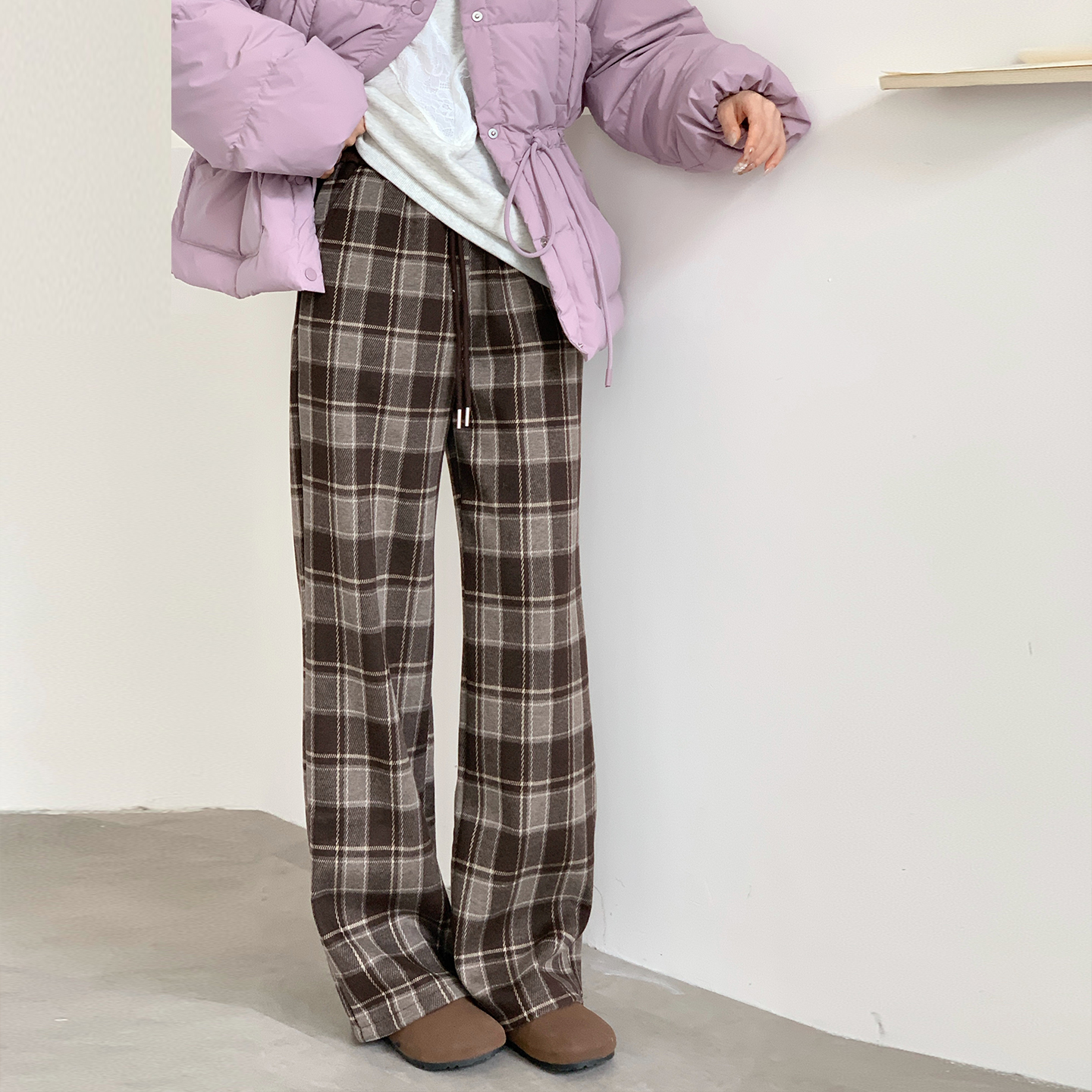 CRISP日系穿搭复古格纹加绒加厚直筒裤女休闲裤子2025冬季新款