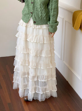 CRISP日系穿搭森女层叠网纱直筒半身裙长款蛋糕裙2025秋季新款