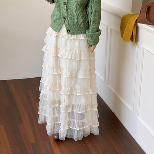 新款 CRISP日系穿搭森女层叠网纱直筒半身裙长款 蛋糕裙2025秋季