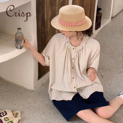 CRISP日系穿搭条纹短袖衬衫女纯棉木耳边小个子衬衣2025夏季新款